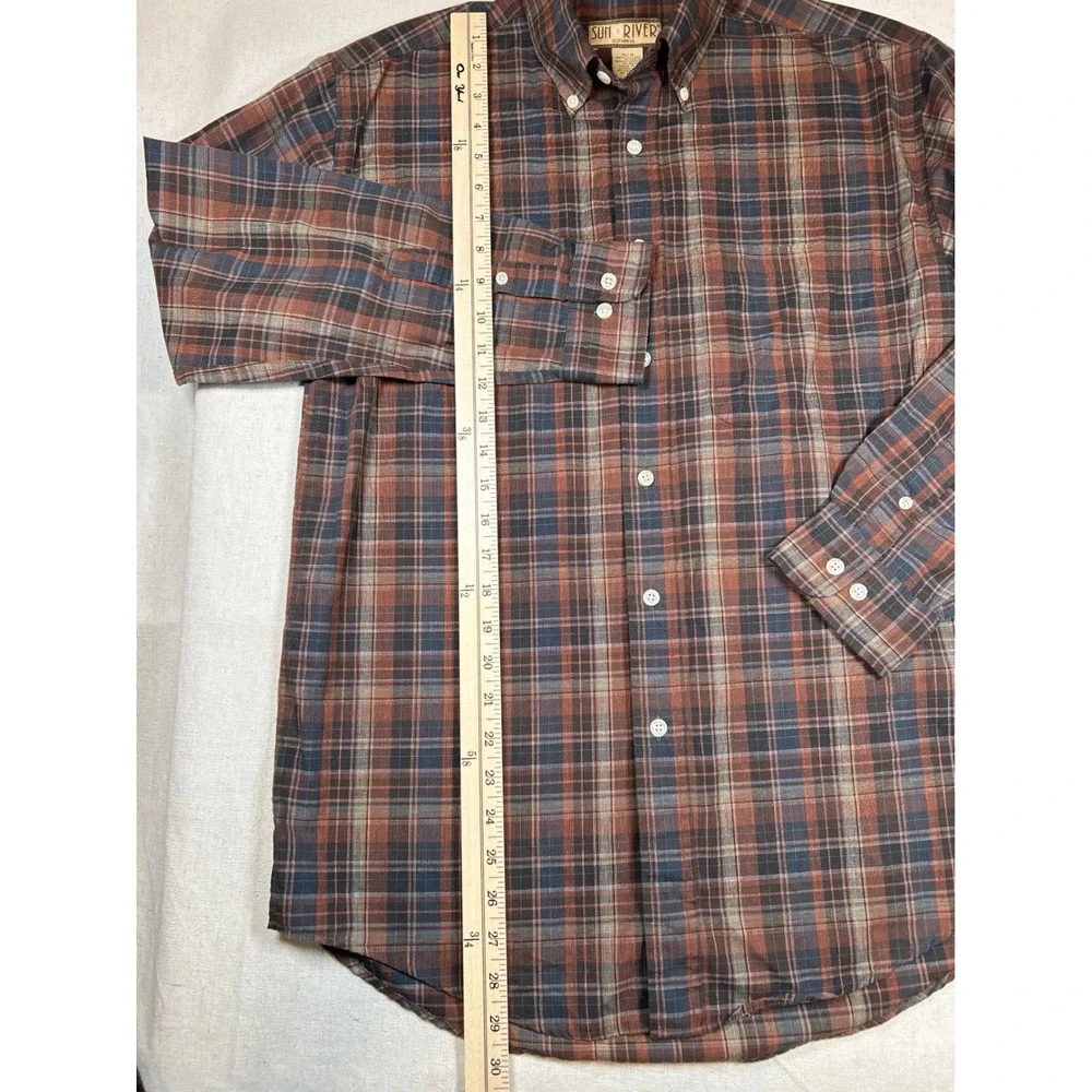 SunRiver Mens Small Brown Plaid Button Down Shirt Wrinkle Stain Resistant